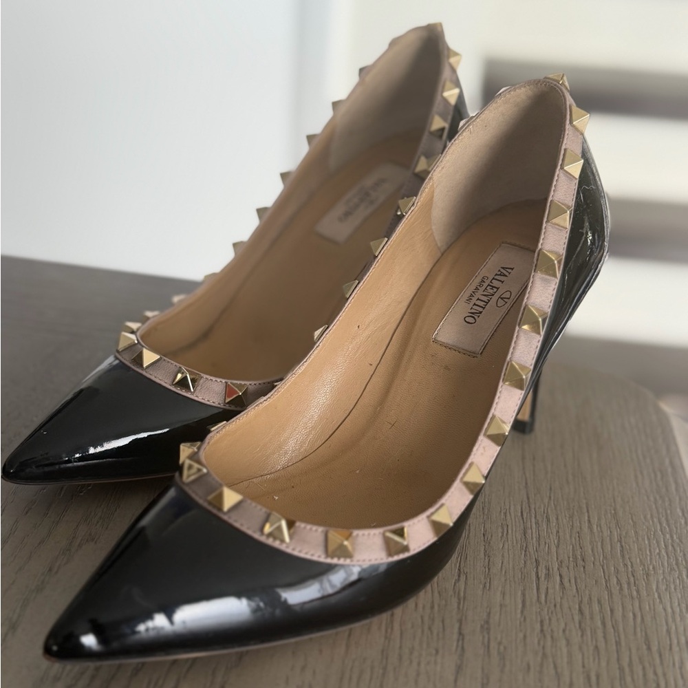 Valentino Black Patent Heels with Gold Studs